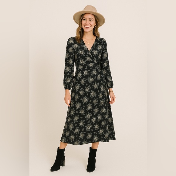 Dress Forum Black Printed Cross Wrapped Long Sleeve Midi Dress Size Small - Picture 1 of 15